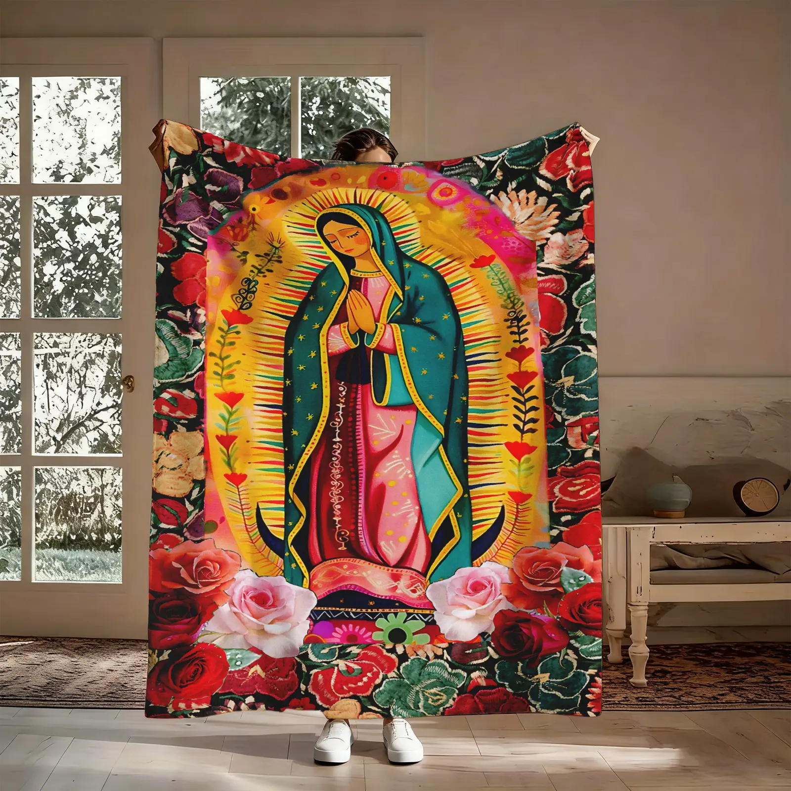 Our Lady of Guadalupe Mexican Folk Art Flannel Throw Blanket - Art Graphic, Christian Print, Colorful Afghan, Decorated, Gender Neutral - Roses, Golden Halo, Bold Colors, Soft Cozy Warm - Couch Use - Catholic Gift Keepsake Decor, Art Graphic Blankets, Chr