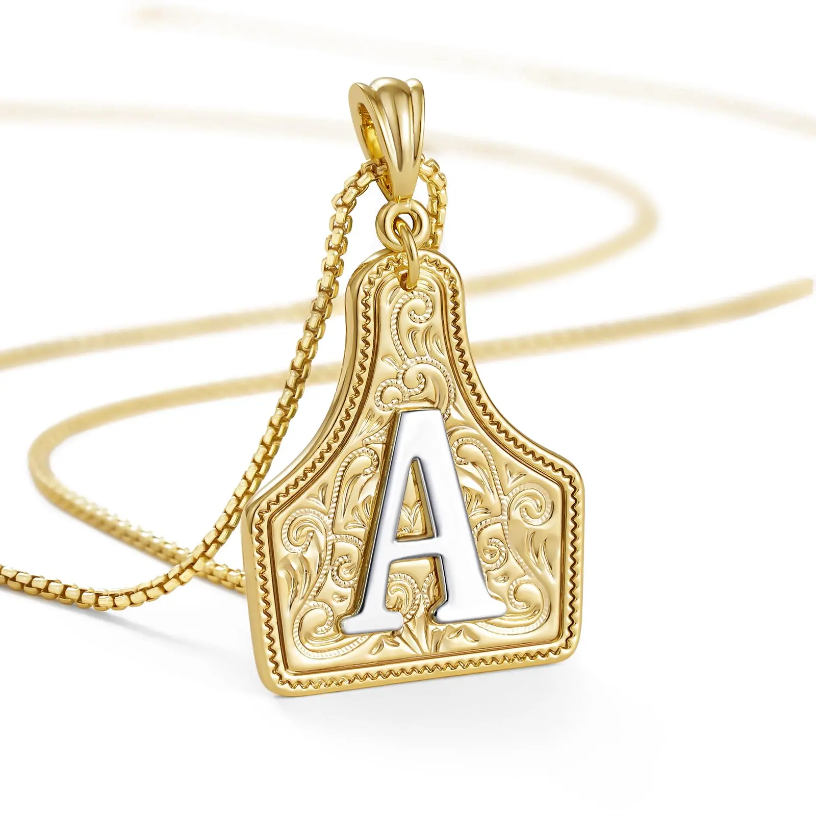 Unisex Retro Initial Necklace - 14K Gold-Plated Handmade Western Cowboy Letter Pendant 2-Toned Medallion Chain, Auspicious Jewelry Gift for Men & Women