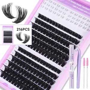 QUAFFLY Volume Eyelash Clusters Kit 120D Lash Clusters with Bottom Lashes Fluffy Cluster DIY Eyelash Extensions 216 Pcs D Curl Lash Clusters Kit With Lash Bond and Seal Tweezers Brushes/Lash 216Pcs