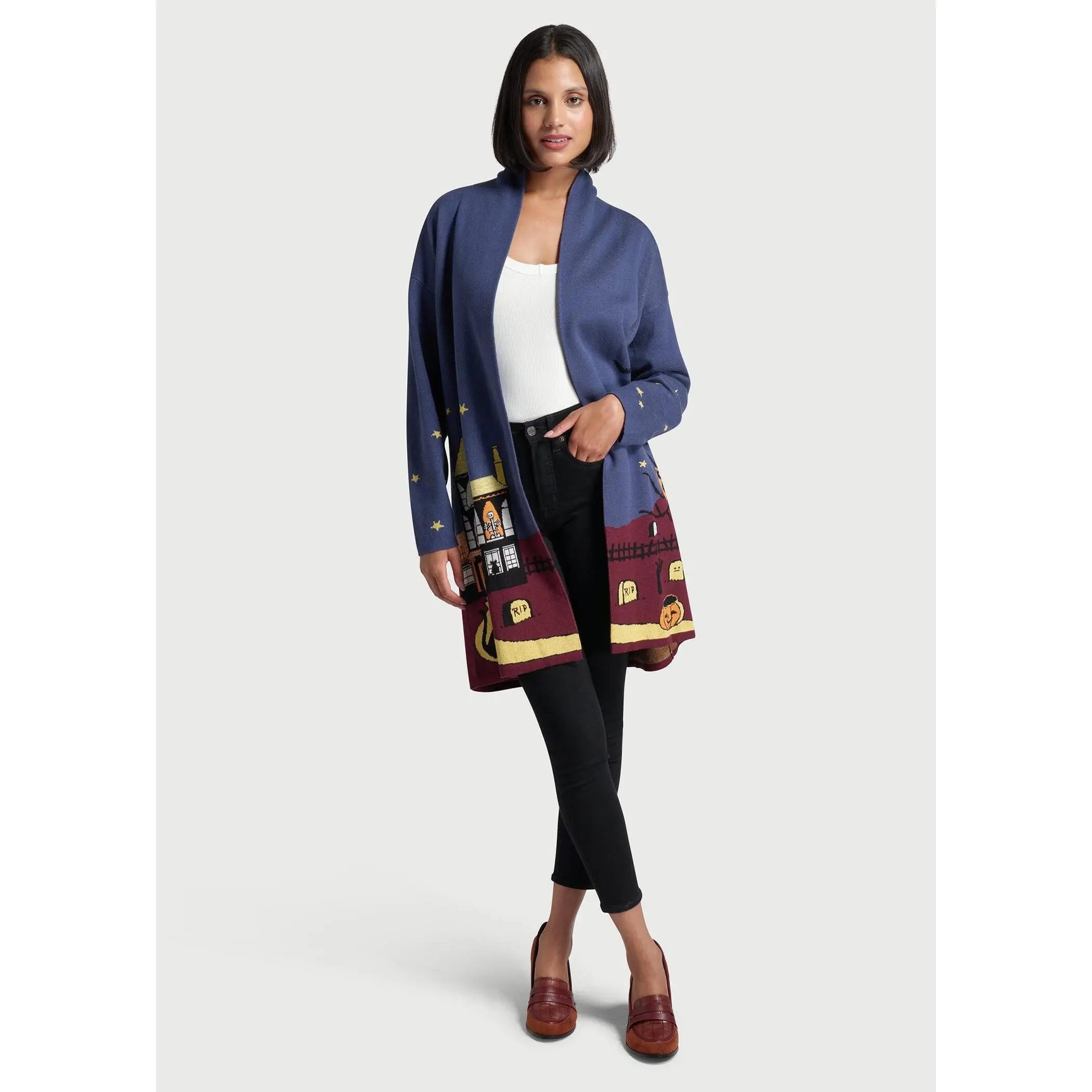 ModCloth Enter If You Dare Coatigan Halloween Cardigan Long Sleeve Cotton Blend Blue Haunted House Border Print (XS-4X)