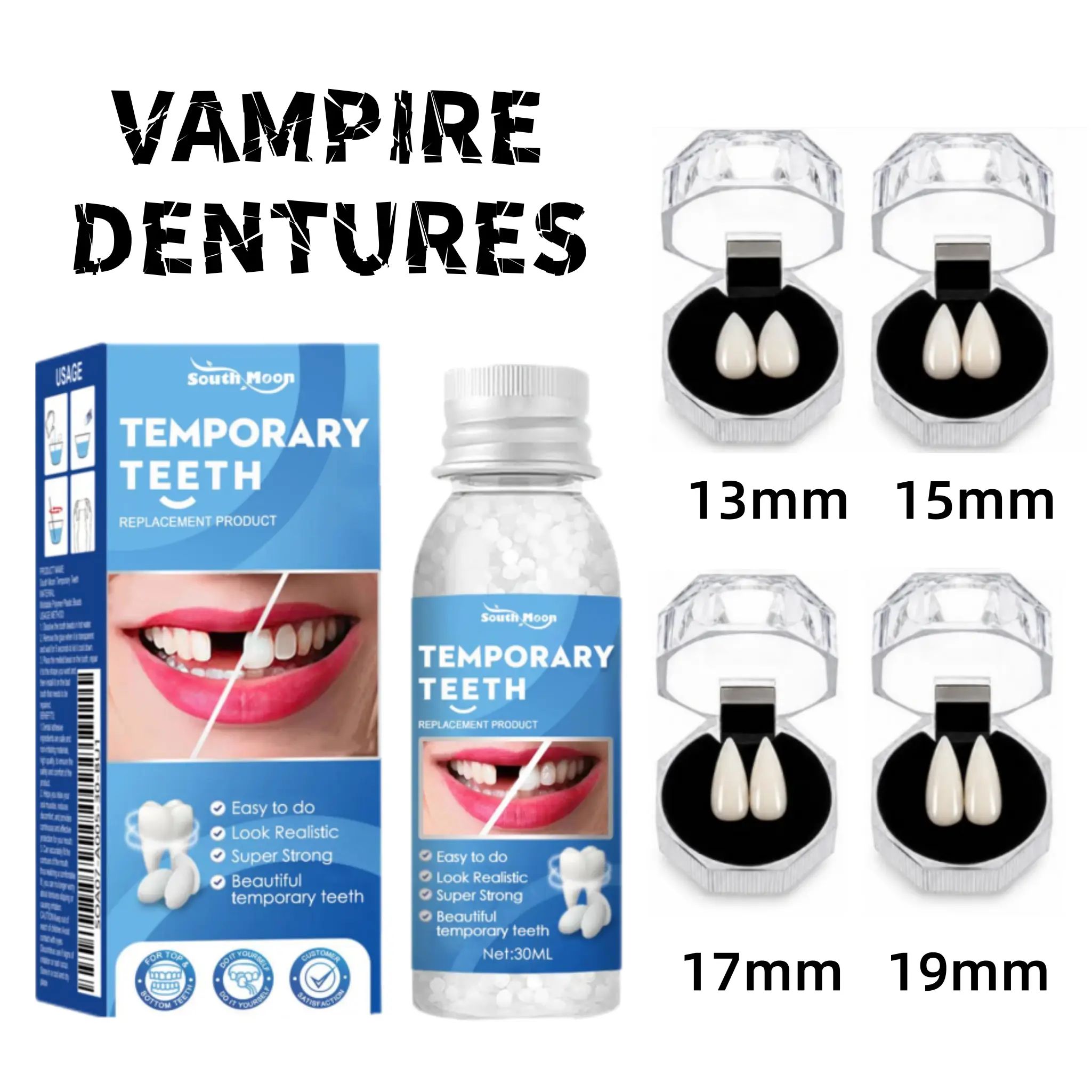 Vampire Teeth 4 Size Fake Fangs with Moldable Dental Gel, Vampire Fangs for Cosplay Party  Props Halloween Party Accessories Masquerade Dentures Makeup Dress up Favors 4 Sizes 13MM 15MM 17MM 19MM