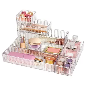RaybeeFurniture 7-9 PCS Clear Drawer Organizers Bins, 4 Sizes Stackable Acrylic Makeup Drawer Organizer for Bathroom, Vanity, Kitchen, Office, Bedroom, Storage Trays for Cosmetics, Skincare, Jewelry, Gadgets, Home Organization, Must-Have for Small Spaces