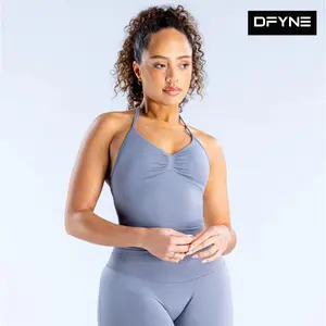 (With Logo) DFYNE Solid Color Ruched Tank Top & Tight Leggings 2-Piece Set Women - Slim Fit Waist Cinched Yoga Workout Activewear