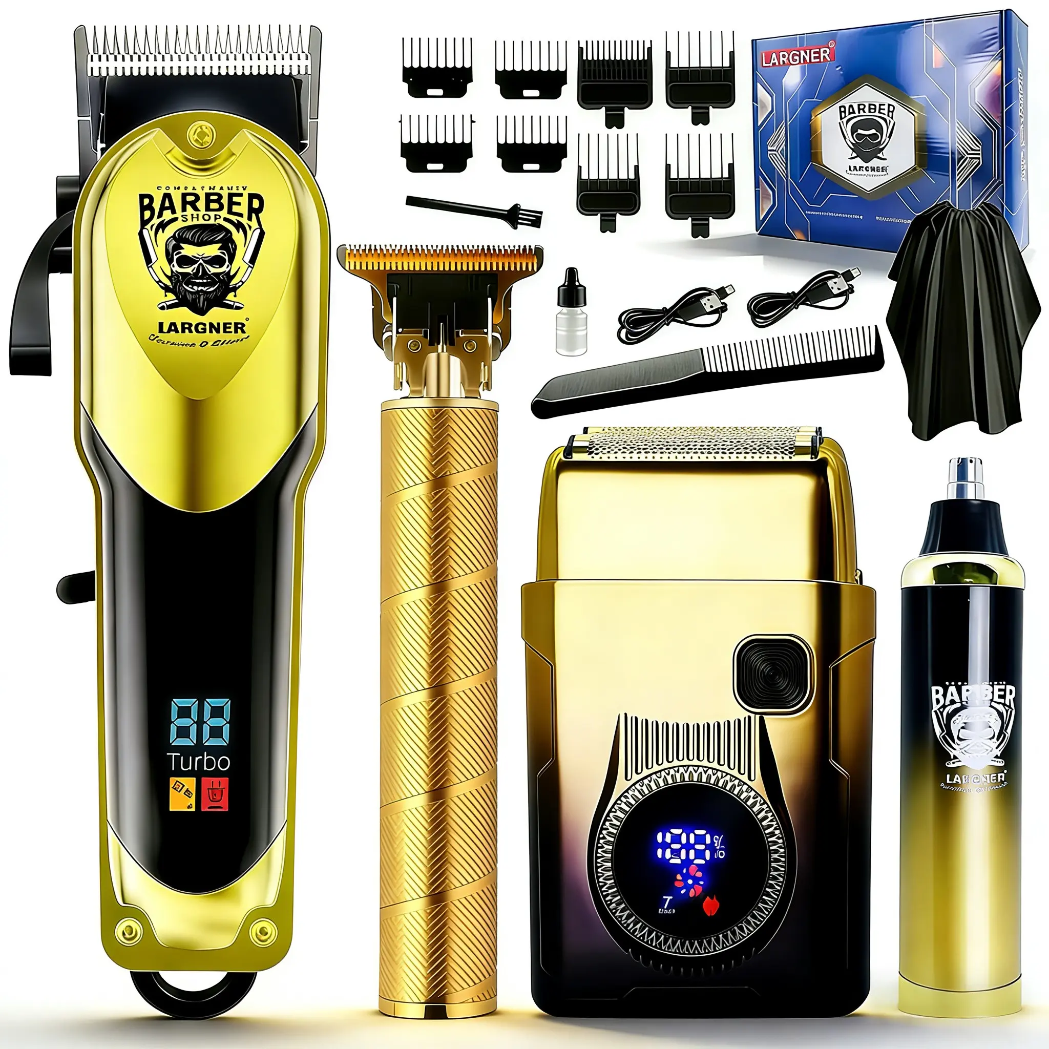 Men's Professional Hair Clippers Set, Hair Cutting Kit, Cordless Trimmers Kit, Cordless Beard Trimmer & Electric Shaver, Rechargeable 4-Piece Kit with LED Display