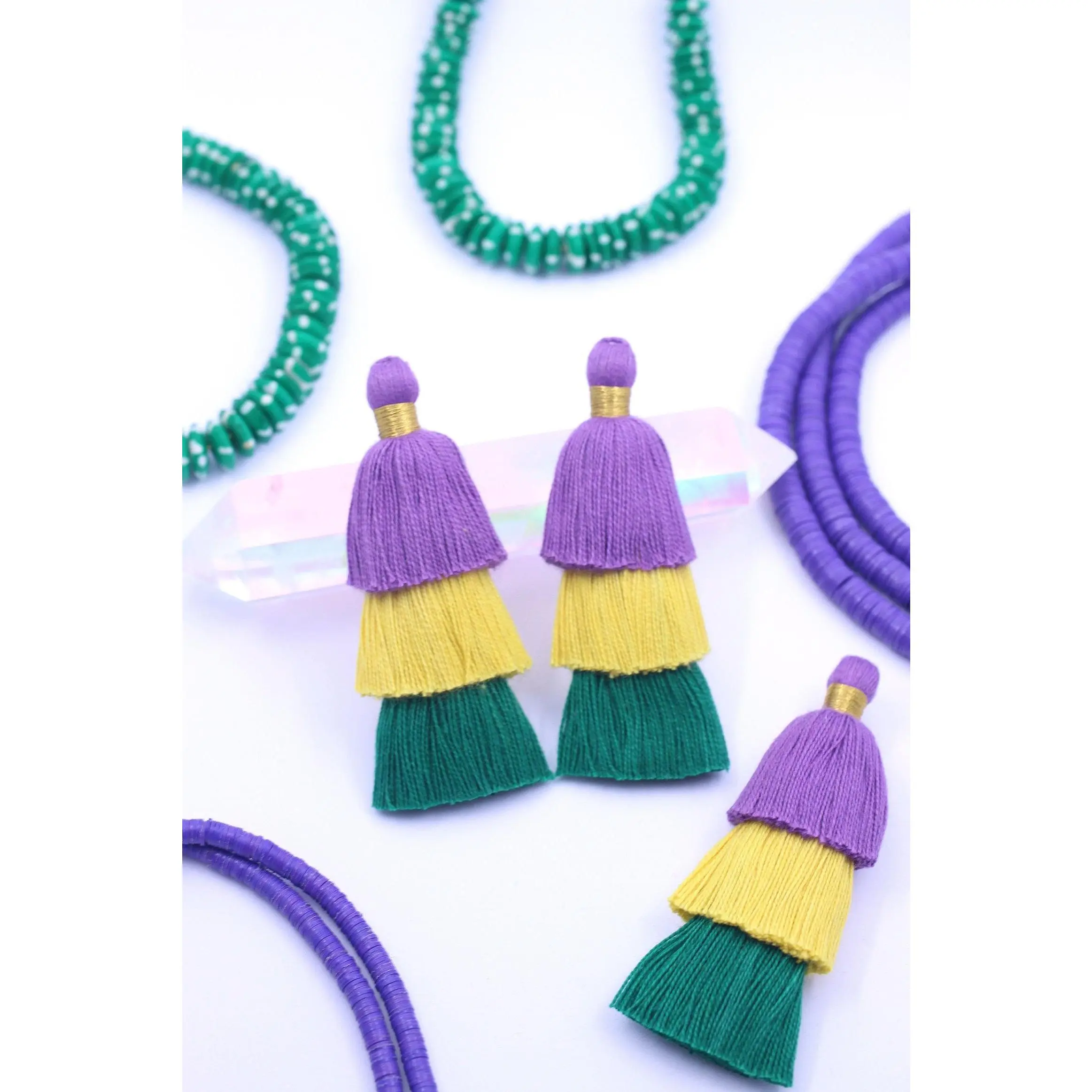 Mardi Gras Tiered Cotton Tassels, 3" Handmade Fringe Pendants