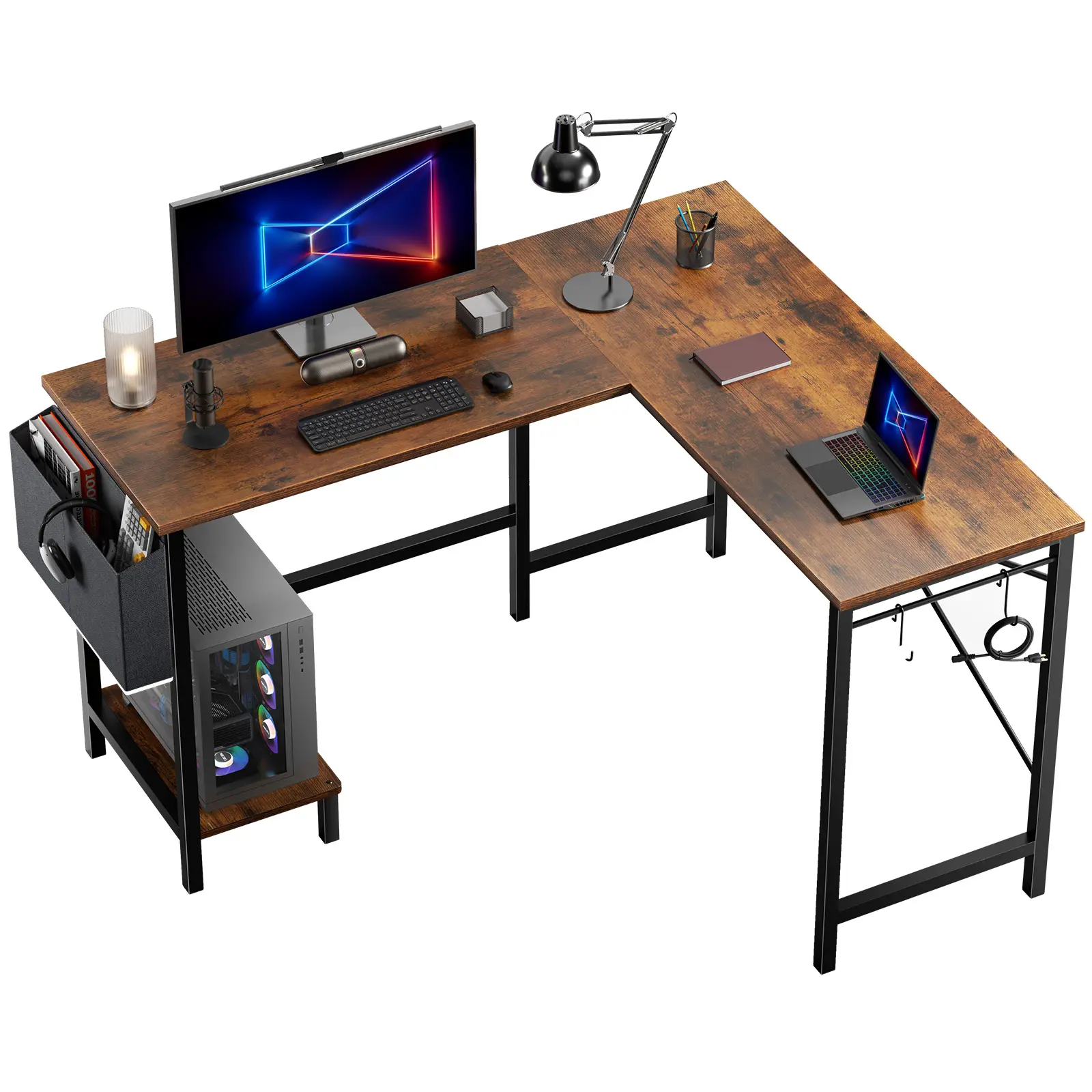 Sweetcrispy L-Shaped Office Furniture Computer Gaming Desk - 50" W*41.33" D*29" H Metal & Wood Workspace, Home Study Table with Storage, CPU Stand, Stable Frame, 29" Height Supports Relaxed Sitting, Bottom Bracket Hides Clutter, Ideal for Home Office WFH