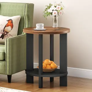 HOOBRO Round End Table with Lower Shelf, 2-Tier Side Table with Thick Tabletop and Cross Base, Sturdy Construction, Easy Assembly, for Living Room, Bedroom, Black and Walnut BH220BZ01 #SummerVibes