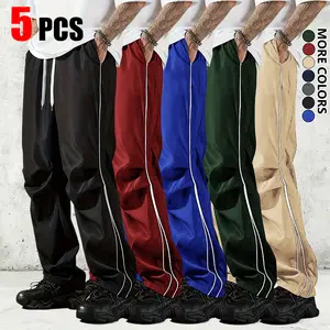 Men’s casual pants, lightweight fabric, straight cut, regular length, elastic waistband with pockets, side stripe design, comfortable breathable joggers suitable for all seasons, available in multiple colors