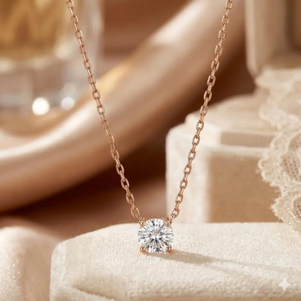 1.5ct Gold-Plated Single Diamond Pendant Necklace: Minimalist 7.3mm Choker for Women. Dainty & Elegant Jewelry, Perfect for Daily Wear. Sparkling Gift for Girlfriend or Wife in Gift Box.