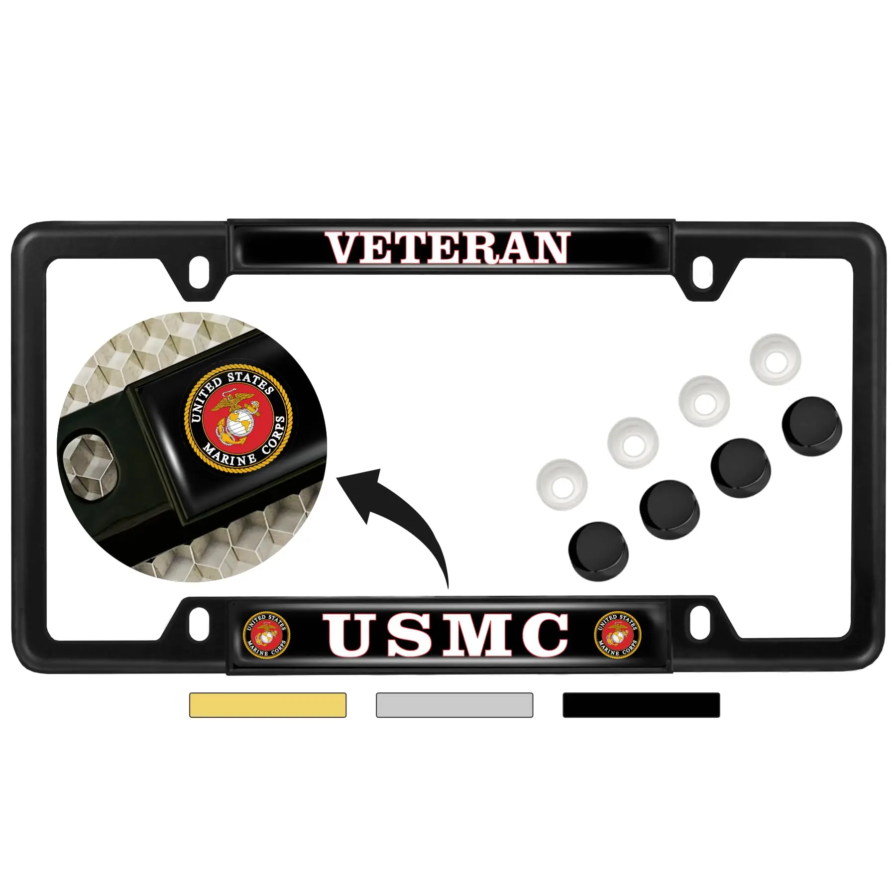 BestLicensePlateFrames Officially Licensed US Marine Corps USMC Veteran Domed Custom-Made Personalized Narrow Thin Top 4-Hole Metal Car License Plate Frame with Vinyl, Polyurethane, Free Caps & Cover, License Plate Cover