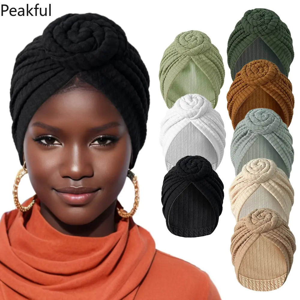 Viral Ribbed Knotted Turban Hat, Fashion Pre-Tied African Headwrap, Soft Elastic Head Cover for Women, comfortable lightweight fabric & easy wear design, ideal for chemo use, bad hair days and cultural-inspired looks