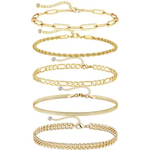 MISSAIR 14K Gold-Plated Trendy Bracelet Set for Women - Thin Dainty Stackable Cuban & Paperclip Chain Bracelets Minimalist Elegant Jewelry Gift Set