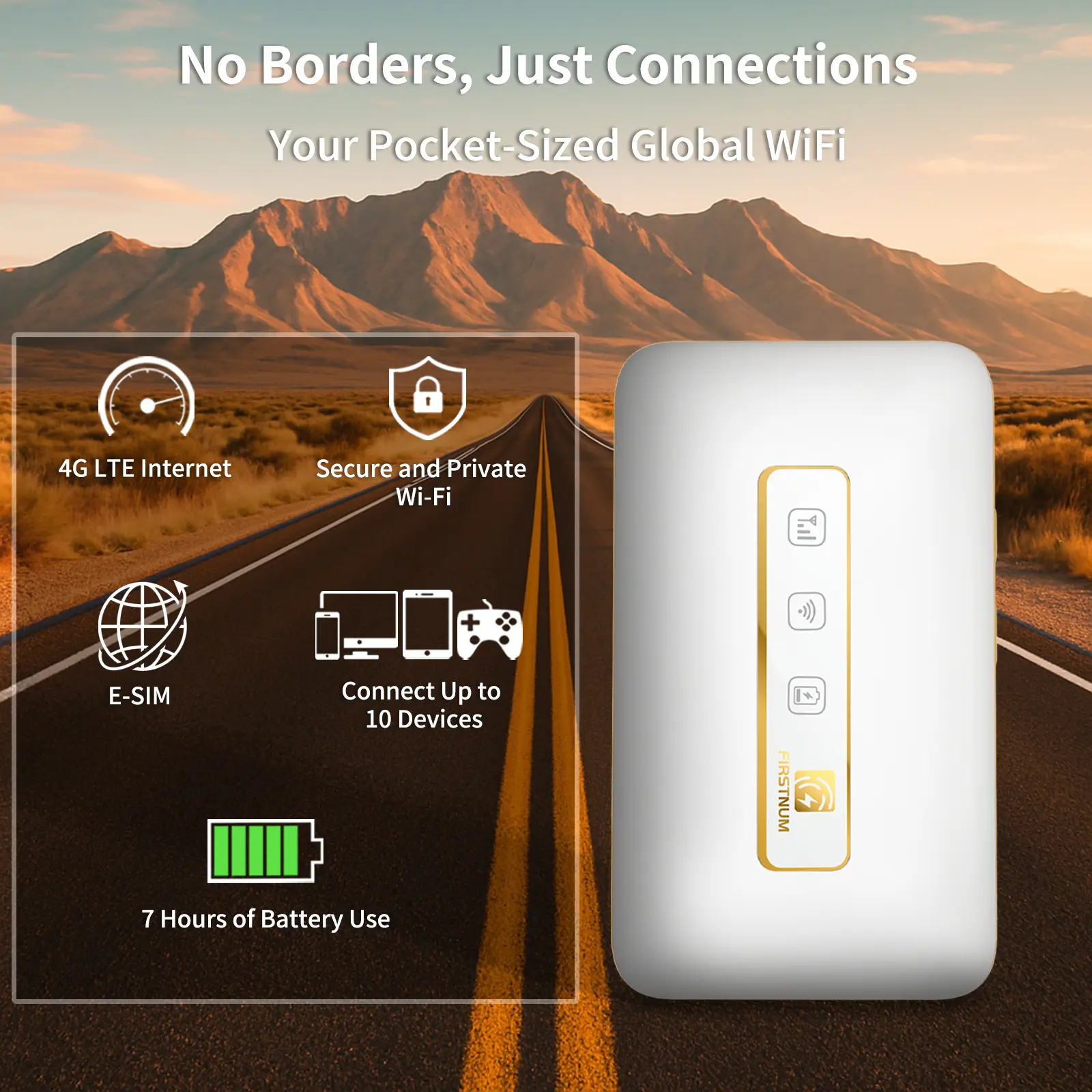 FIRSTNUM Portable eSIM 4G Tri-Band Smart WiFi Wireless Outdoor Pocket WiFi Router - USB, No SIM Required/No Contract, 1GB Free Monthly Data, Connect Up to 10 Devices, for Outdoor Adventures/Road Trips in 150+ Countries
