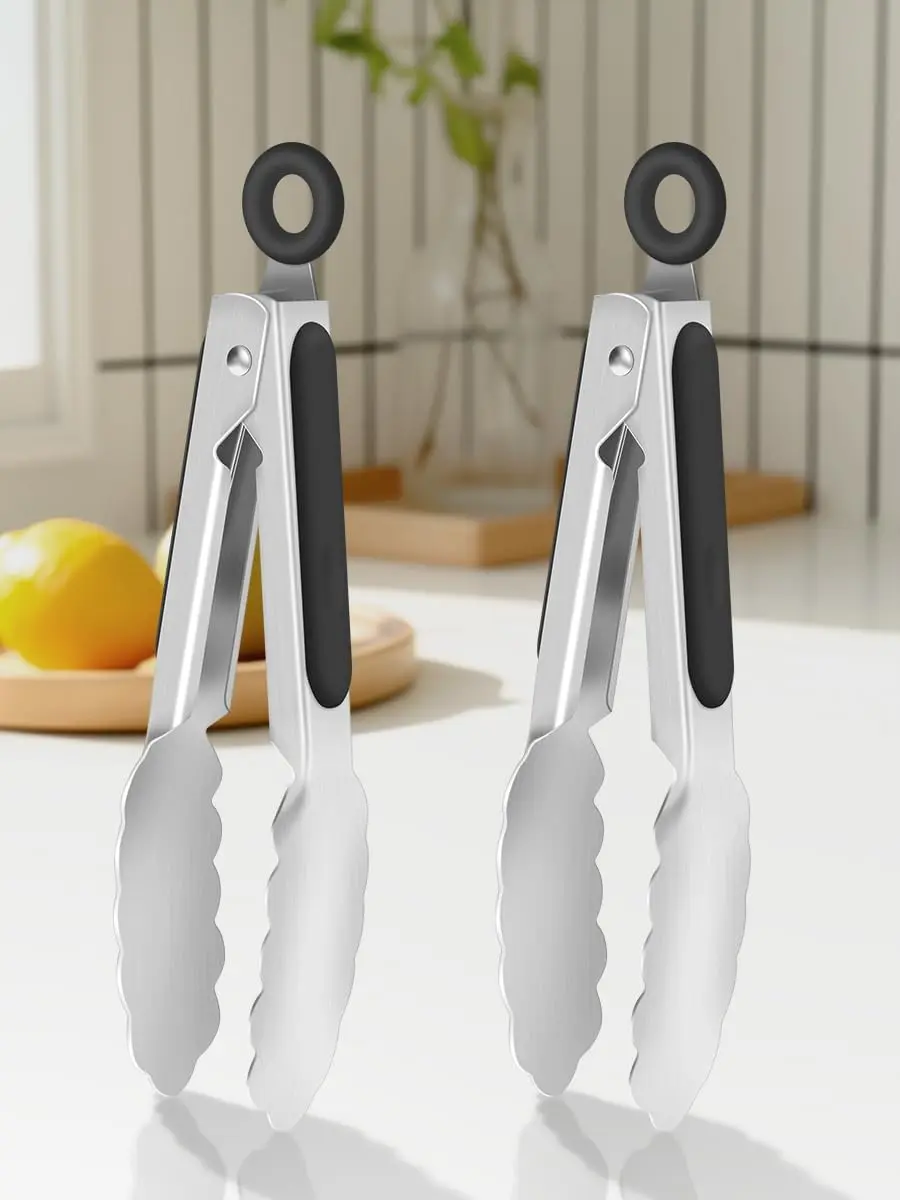 2-Pack Mini Stainless Steel Kitchen Tongs - 7-Inch Non-Slip Food Tongs with Locking Mechanism for Cooking, Serving, and Buffet Use