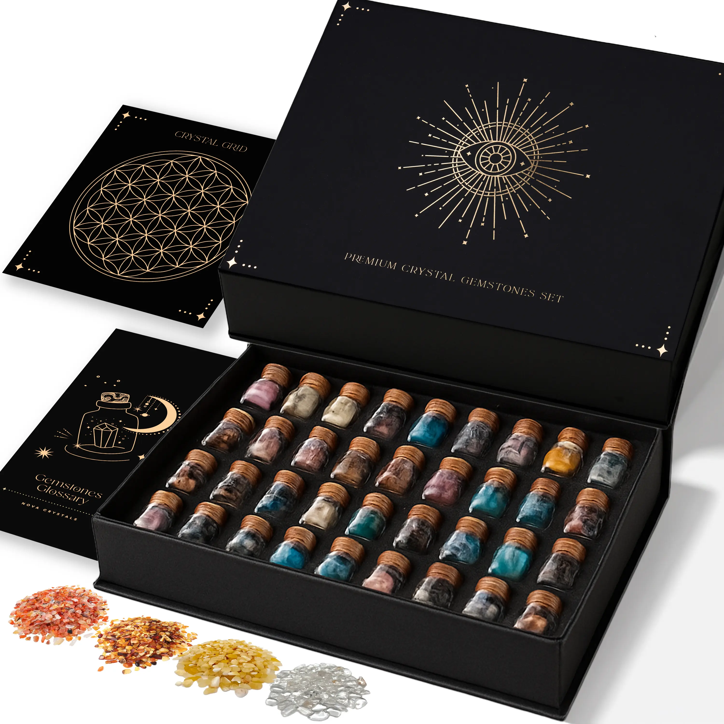 50pc Assorted Healing Crystals & Chakra Stones | Natural Crystals and Stones in Spell Jars with Cork with Crystal Glossary + Crystal Chips Gift Set Healthcare Bottles Therapy Treatment