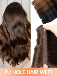 PU Hole Weft Human Hair Extension Real Human Hair Extensions Natural Color Straight Hair Extensions,  Invisible Hair Pieces, 12-22 Inches, Daily Use, Parties, Holidays, Christmas