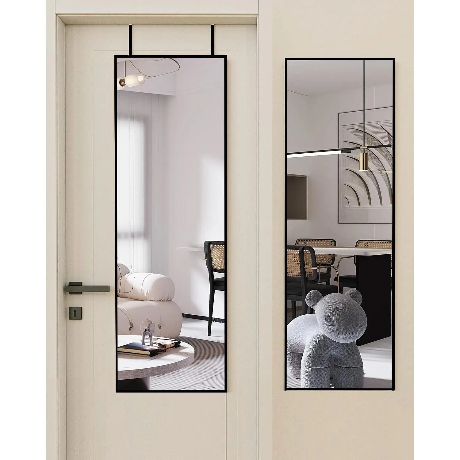 48" x 14" Over The Door Mirror Full Length Mirror Door Mirror Wall Mirror Hanging with 2 Metal Hangers for Bedroom Living Room Bathroom Black