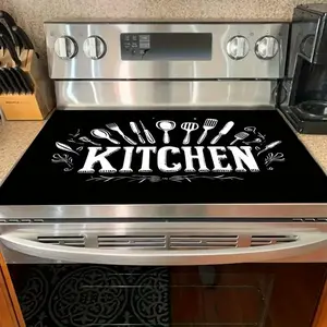 1pc Kitchen Utensil & "KITCHEN" Text Rubber Stove Cover Protector, Classic Vinyl Design with Cooking Tools Motif, Ideal for Home Kitchens, Cooking Studios, Small Restaurants, Stove Cover Protector | Decorative Stove Topper,Stove Top Protector