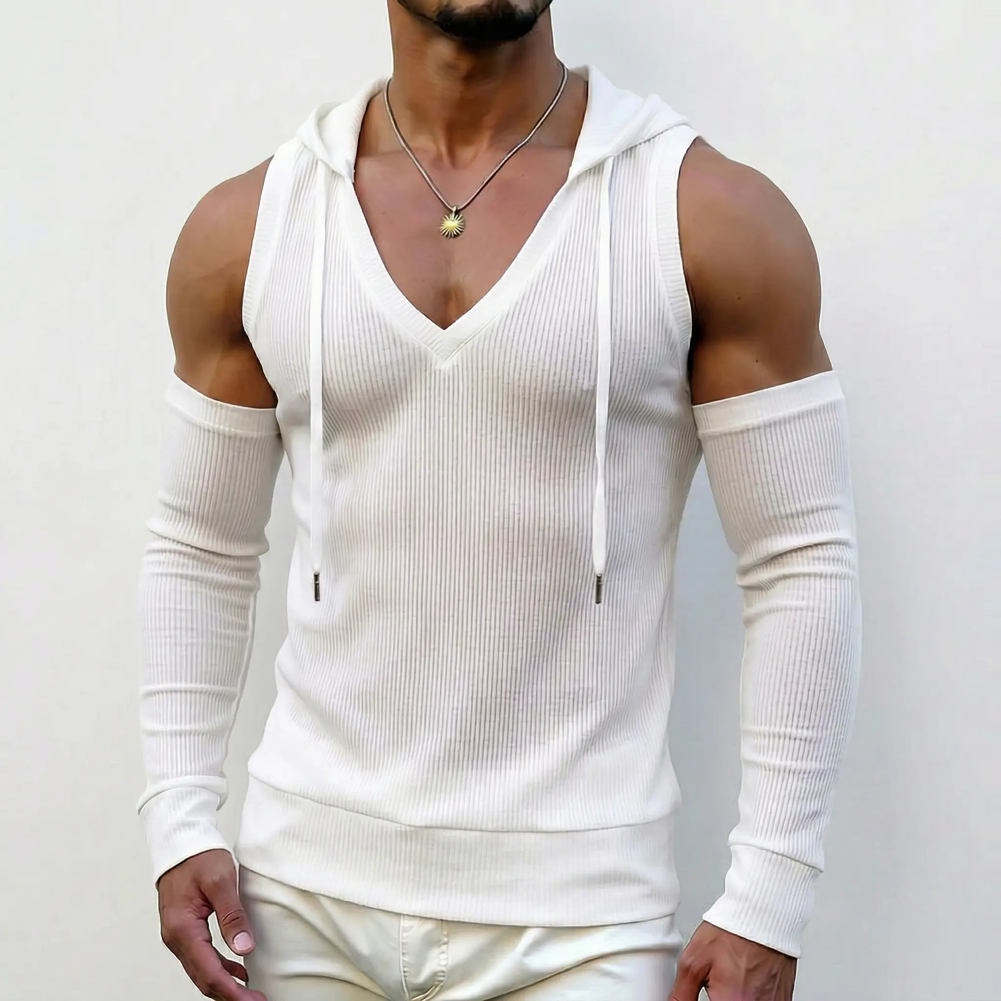 INCERUN Menswear Polyester-Viscose Blend Stylish Hooded Vest, Deconstructed Alternative Style Sleeveless Knit Top with Deep V-Neck, Breathable for Concerts & Casual Ootd, Textured Knit, Comfy Ootd, Vest Hoodie, Sweatshirts, Nightclub, Ribbed Knit