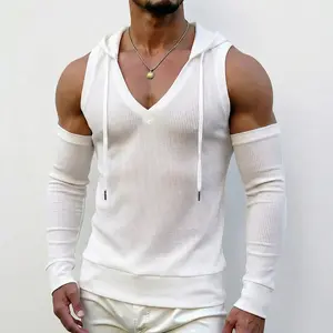 INCERUN Men's Deconstructed Casual Deep V Hooded Sleeveless T-Shirt for Spring Summer Fall Concerts Gatherings Nightclubs and Art Photography