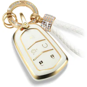 For Cadillac Key Fob Cover with Luxury Diamond Bling Braided Rope Keychain, Upgraded Soft Key Case for 2015-2019 Escalade CTS SRX XT5 ATS STS CT6 (5 Buttons) (Gold)