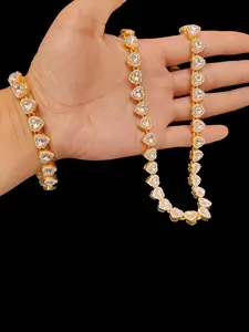 Full-Diamond Heart Tennis Chain Set | Silver/Gold Necklace and Bracelet, Ultimate Glitter Alert. This full-diamond heart tennis chain necklace and bracelet set features sparkling crystals, available in silver/gold colors. It instantly evokes a red-carpet