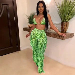 ECHOINE Bikini Set Swimsuit Sexy Two Piece Semi-Sheer Cover Up Halter Lace Up Mesh Crop Top & Ruffle Pants Outfits Vacation Polyester Comfy Beachwear Lady Clothes Summer Bra Womenswear Breathable