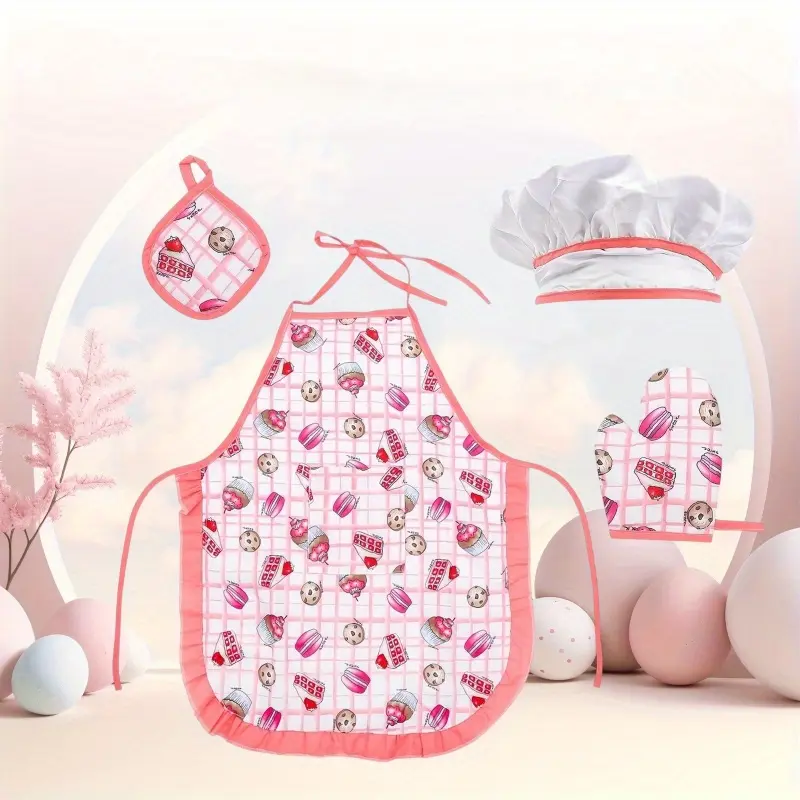 4PCS Chef Apron Set, with a hat to dress up as a small chef's outfit, suitable as a gift for small chefs and bakers