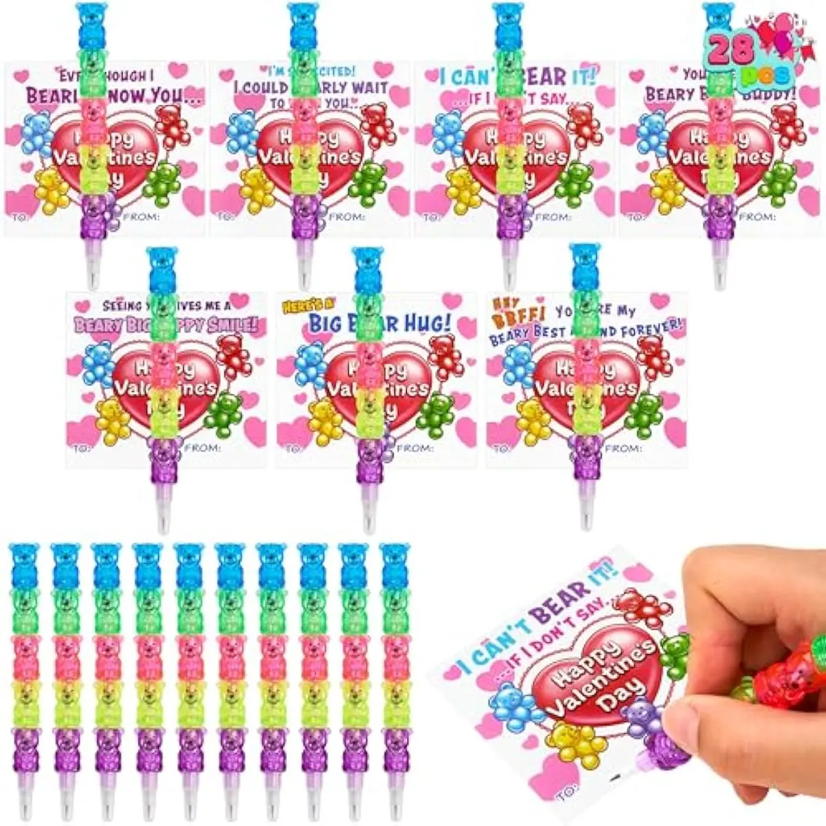 28PCS Valentines Day Plastic Bear Pencils and Cards, Stationery Gift Kids Party Favor Set, with Tape for Classroom School Exchange Gifts, Holiday Reward Prizes