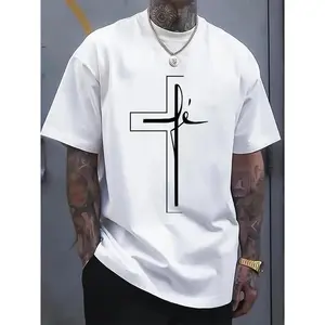 Cotton Short Sleeve  T-Shirt Men'S Summer Casual Sports T-Shirt with Religious Cross Print, Polyester 100%, Crew Neck, Short Sleeve, Geometric Pattern, Rib-Knit, Slight Stretch, Loose Fit, 160gsm Knit Fabric  Streetwear White Graphic tees Crewneck Top