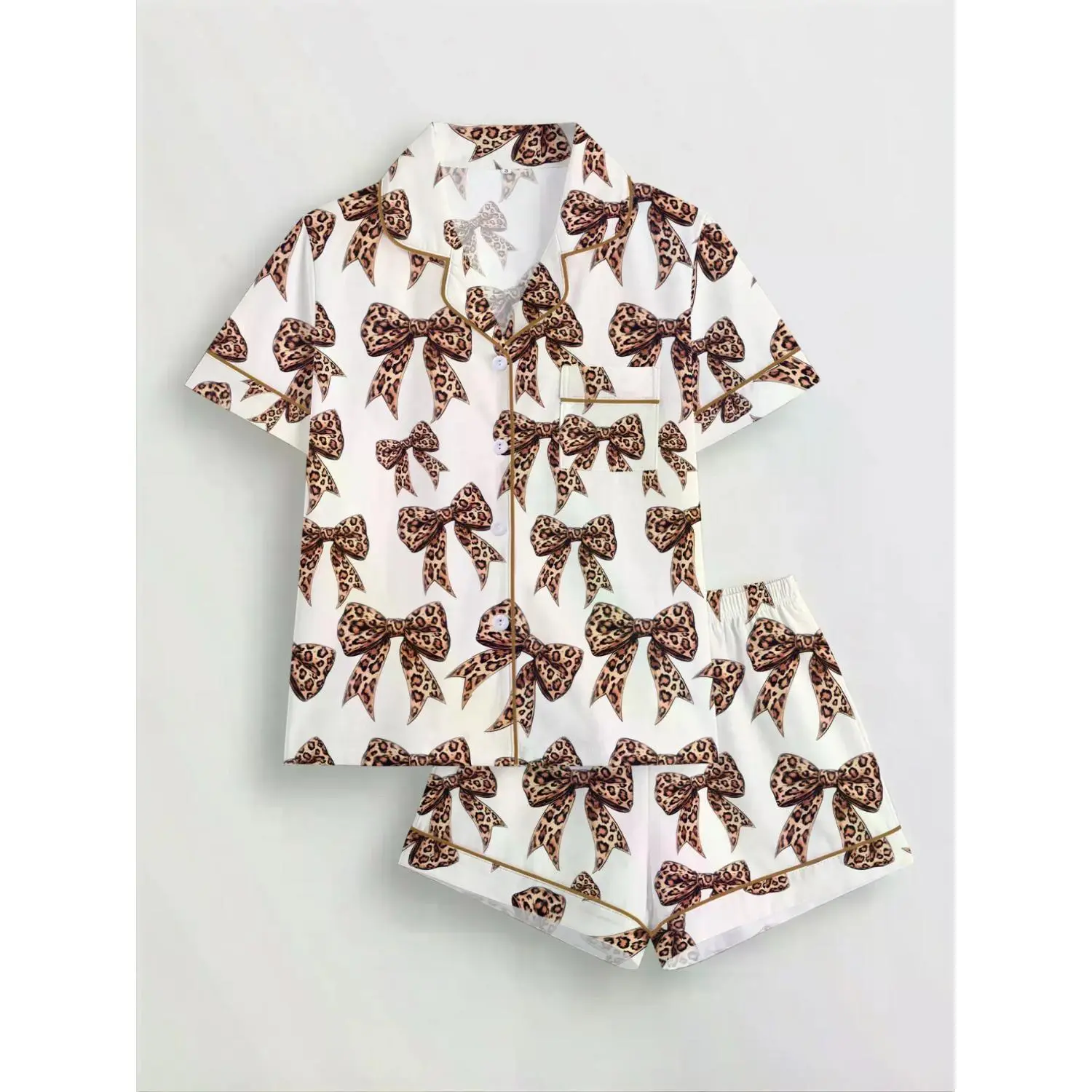 Leopard Print Bow Women's Pajama Set: Short Sleeve Button-Up Top & Elastic Waist Shorts, Casual All-Season Sleepwear for Everyday Comfort