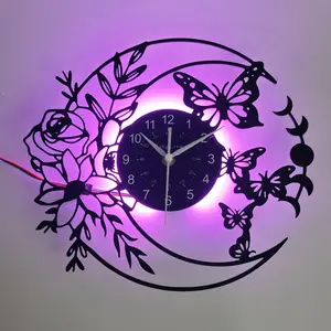 Moon Butterfly Theme Vinyl Wall Clock, Decorative Hanging Timepiece for Home Decoration, Unique Gift Idea for Art Lovers, Led Wall Clocks