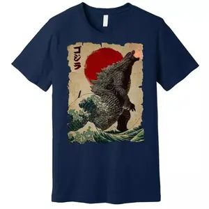 Vintage Japanese Godzilla Great Wave Poster T-Shirt For Men, Graphic tees, Streetwear, Short sleeve, cotton, Top, Menswear
