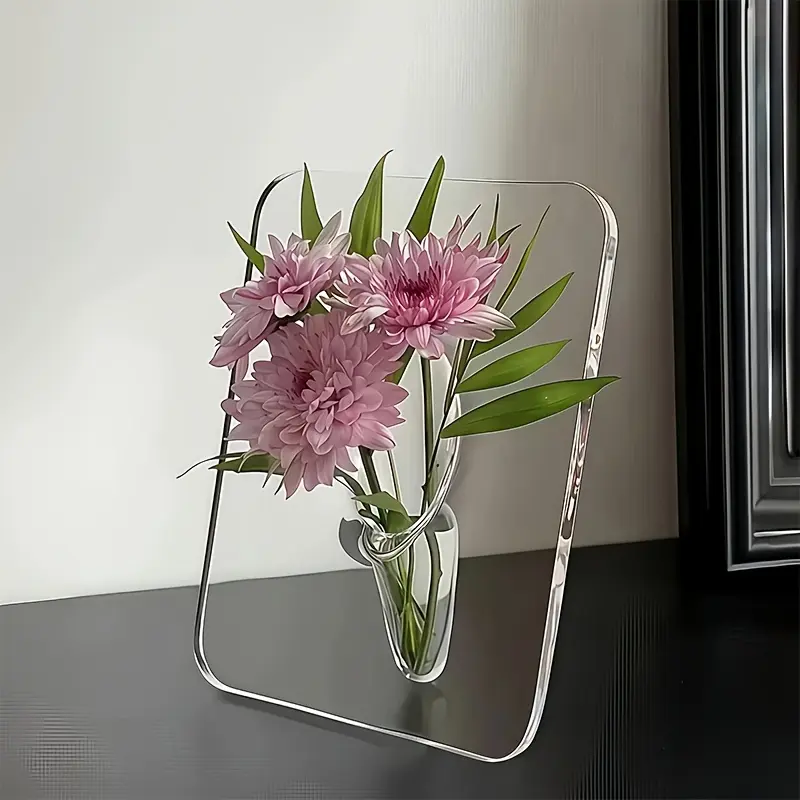 Contemporary Transparent Acrylic Vase, Rectangular Decorative Accessory with Creative Picture Frame, Home Office Desk Decor, Ideal Mother’s Day Gift