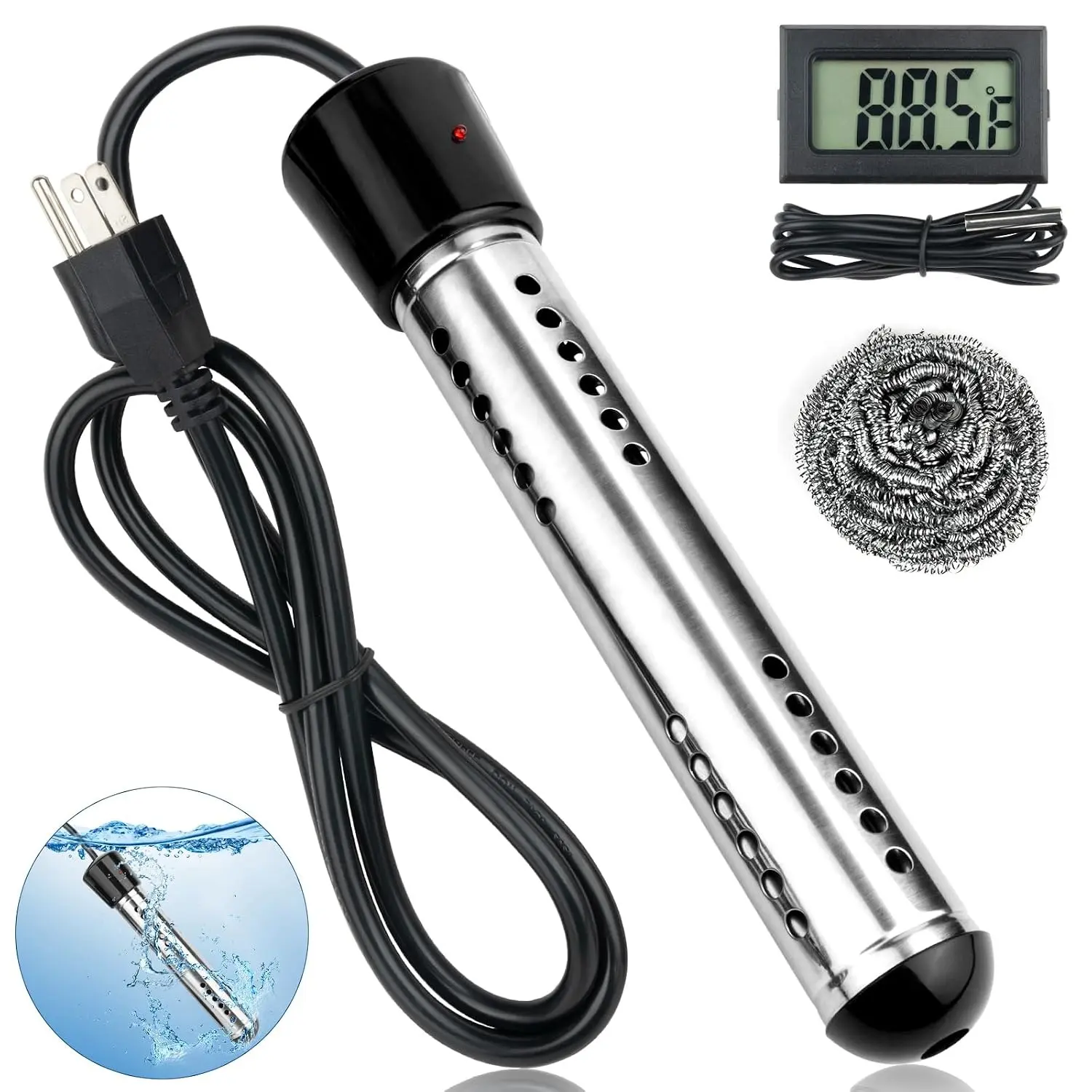 2000W Portable Immersion Electric Hot Water Heater with 304 SS Guard, LCD Thermometer, Fast Heat Up to 104°F (40°C) for Bucket, Mini Inflatable Swimming Pool & Outdoor Home Improvement Use
