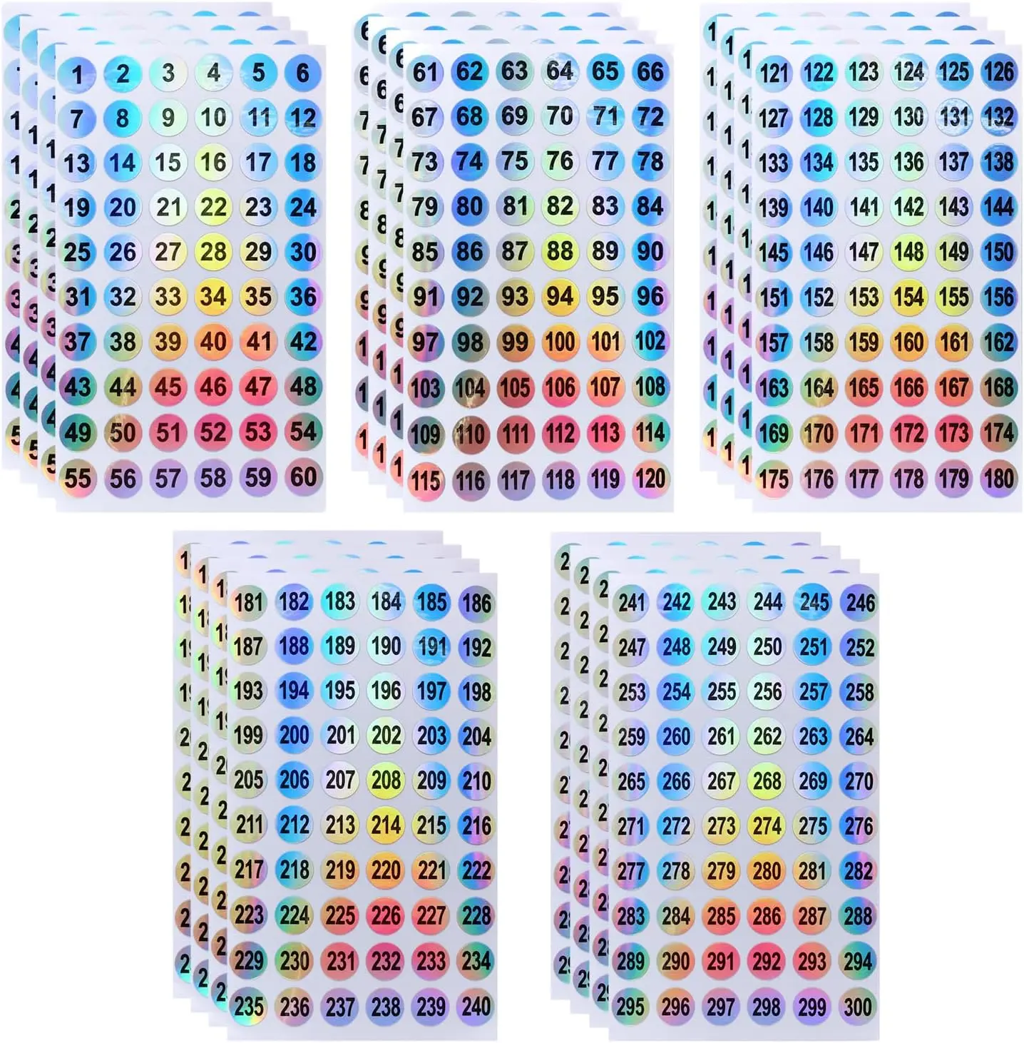 20 Sheets 1 to 300 Consecutive Laser Number Stickers Round Self Adhesive Reflective Inventory Storage Organizing Labels Sticker 2/5 Inch for Nail Polish Bottle Lipstick