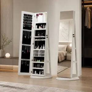 360 Swivel  Cabinet with Full Length Mirror Rotating Standing  Armoire Lockable Storage White Gifts for Women Home Essentials Bedroom Decor Full Length Mirror Gifts for Men Room Decor Wall Decor Aesthetic Room Decor Vanity Mirror with Lights Organizer