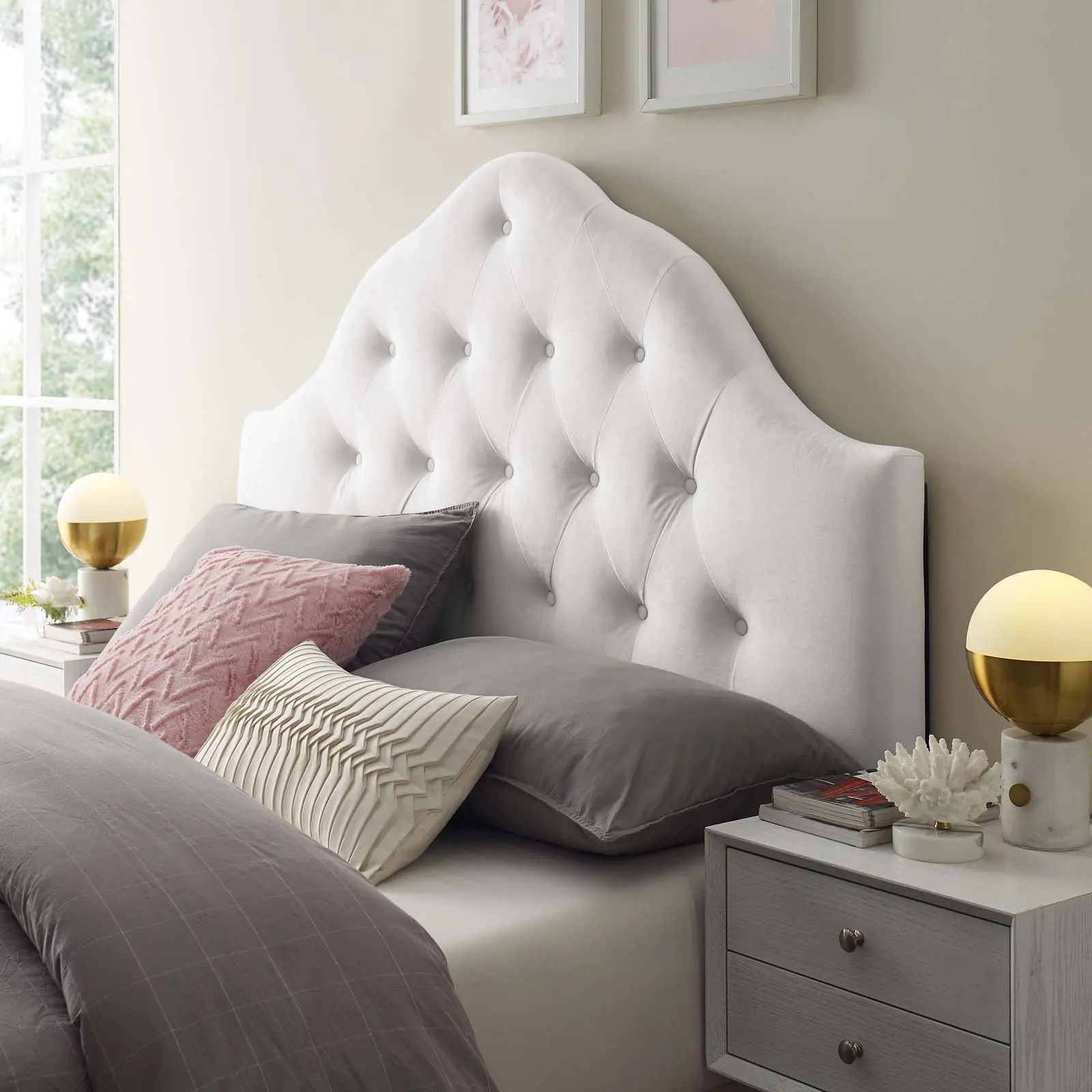 Modway Sovereign Queen Upholstered Tufted Performance Velvet Headboard, White, Adjustable Height Headboard, Upholstered Tufted Headboard, Adjustable Height Headboards