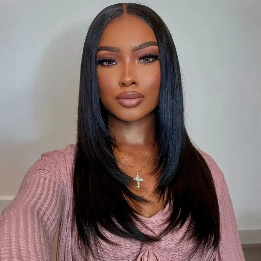 CurlyMe Layered Cut Straight Hair Wear Go Glueless Wig 7x5 Pre-cut Lace Pre-plucked-Natural Black & Mocha Mousse Color