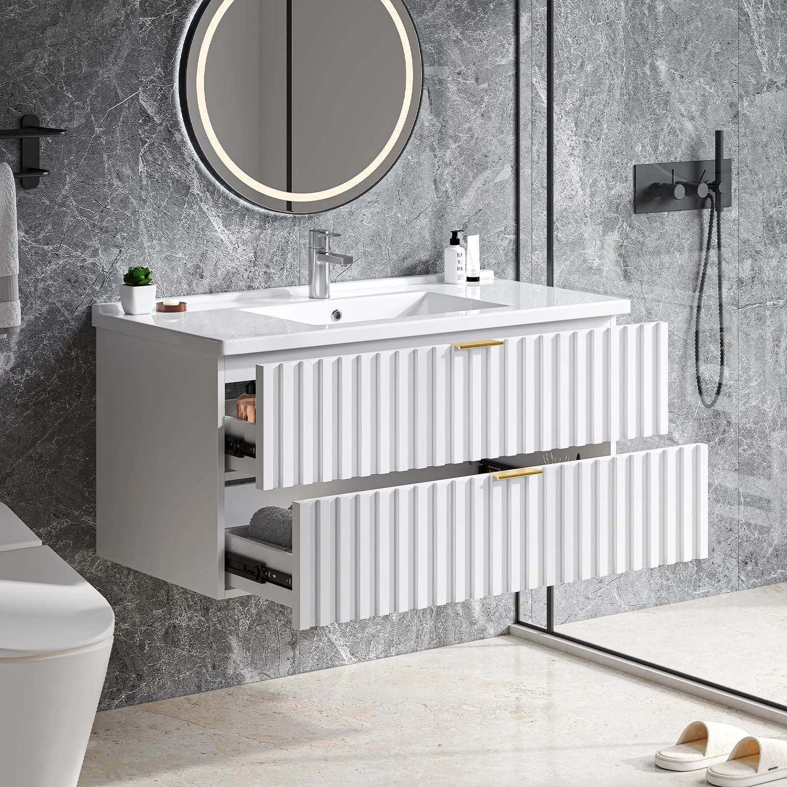 【SummerFinds】ONBRILL 36 in Wood-Finished 2-Drawer Wall Cabinet Bathroom Vanity with Sink Combo, Floating Modern Wall-Mount Storage Cabinet with Fluted Drawers, Metal Handles & Ceramic Integrated Sink for Small Spaces, Two-Drawer Wall Cabinets, Wood-Fin