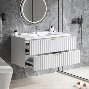 ONBRILL 36 Inch Bathroom Vanity with Sink Combo, Floating Bathroom Vanity with 2 Fluted Drawers & Metal Handle, Modern Wall Mount Storage Cabinet with Ceramic Integrated Sink for Small Space