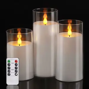 Flameless Candle Set of 3, LED Acrylic Flickering Candle Light with Remote Control and Timer, Moving Flame, Pure White, Battery-Powered (AA) and Cordless, for Various Room Types, with Downlight Function