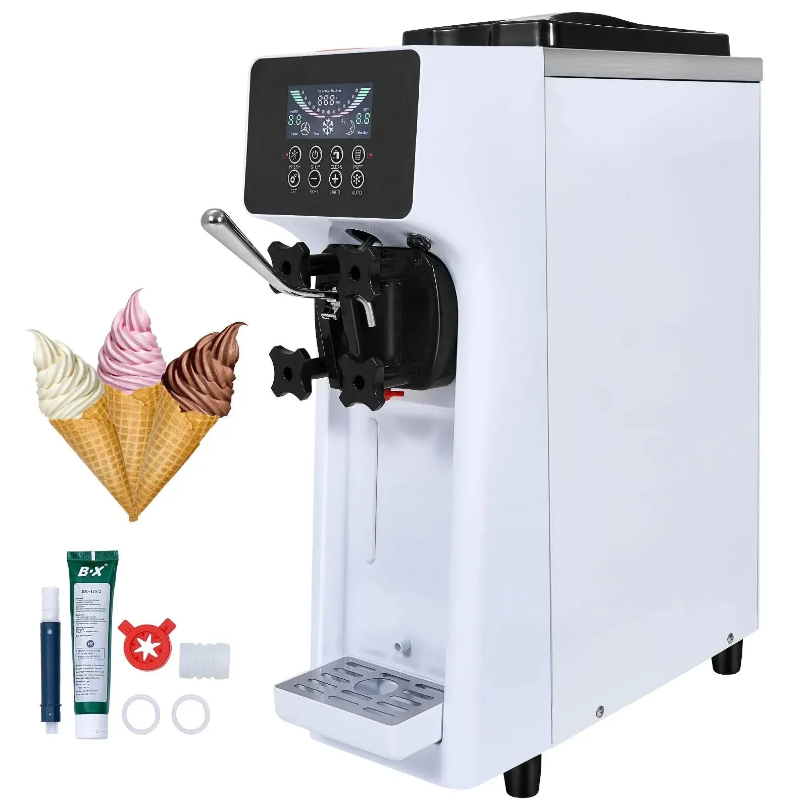 【Summerfinds】VEVOR Commercial Ice Cream Machine,  10.6 QT/H Yield, 1000W Single Flavor Countertop Soft Serve Ice Cream Maker, with 4L Hopper 1.6L Cylinder, LCD Panel Auto Clean Pre-cooling, for Restaurant Snack Bar, Countertop Design, Kitchen Appliance
