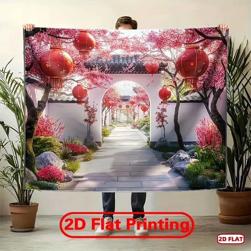 1pc Durable Soft 2D Flat Printing Garden Scene Photography Backdrop - Chinese Traditional Courtyard & Red Lanterns Theme, Large Photographic Cloth, Glam Indoor & Outdoor Party Banner