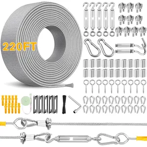 220FT 1/8" Wire Rope Kit - 304 Stainless Steel  with Turnbuckles for Cables Wire, Vinyl Coated  Wire for Outdoor String Lights, Camping, Garden Trellis,  Clothes, Pictures, Curtain