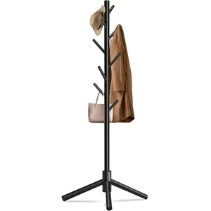 Durable Wooden Coat Rack, Freestanding Coat Rack with  Triangular Base, 8 Hooks & 3 Adjustable Heights, Simple Assembly for Bedroom, Hallway, Office( Black)