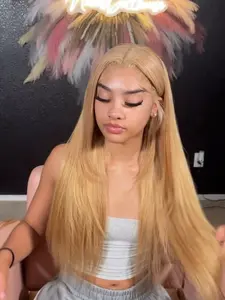 Honey Blonde Straight Lace Front Design Wig for Women, 180% Density 13x4x1, Pre-Plucked, Glueless Construction, 32 Inch, Daily Party Cosplay Use