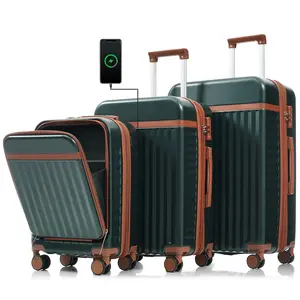 Luggage Set of 3, 20inch with USB Port, front opening design Airline Certified Carry on Luggage, 20"/24"/28" ABS Hard Shell Luggage with Spinner Wheels,Dark Green