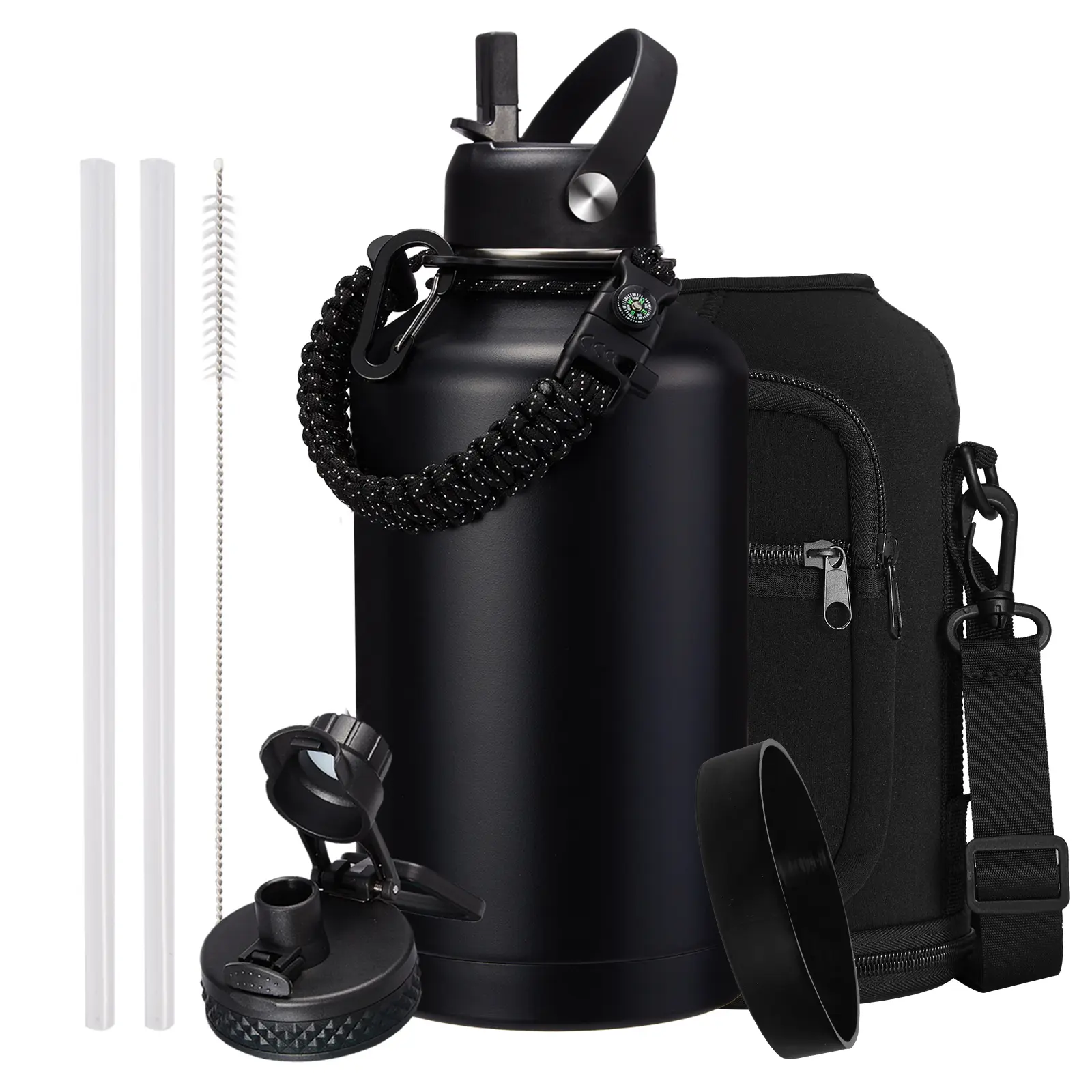 64/128oz Insulated Water Bottle with Strap - Half Gallon Water Jug with Straw & Spout Lid, 2 Liter Stainless Steel Water Bottle Leak Proof, Cold-48h Hot-24h Metal Flask w/ Paracord Handle, Carrier Case