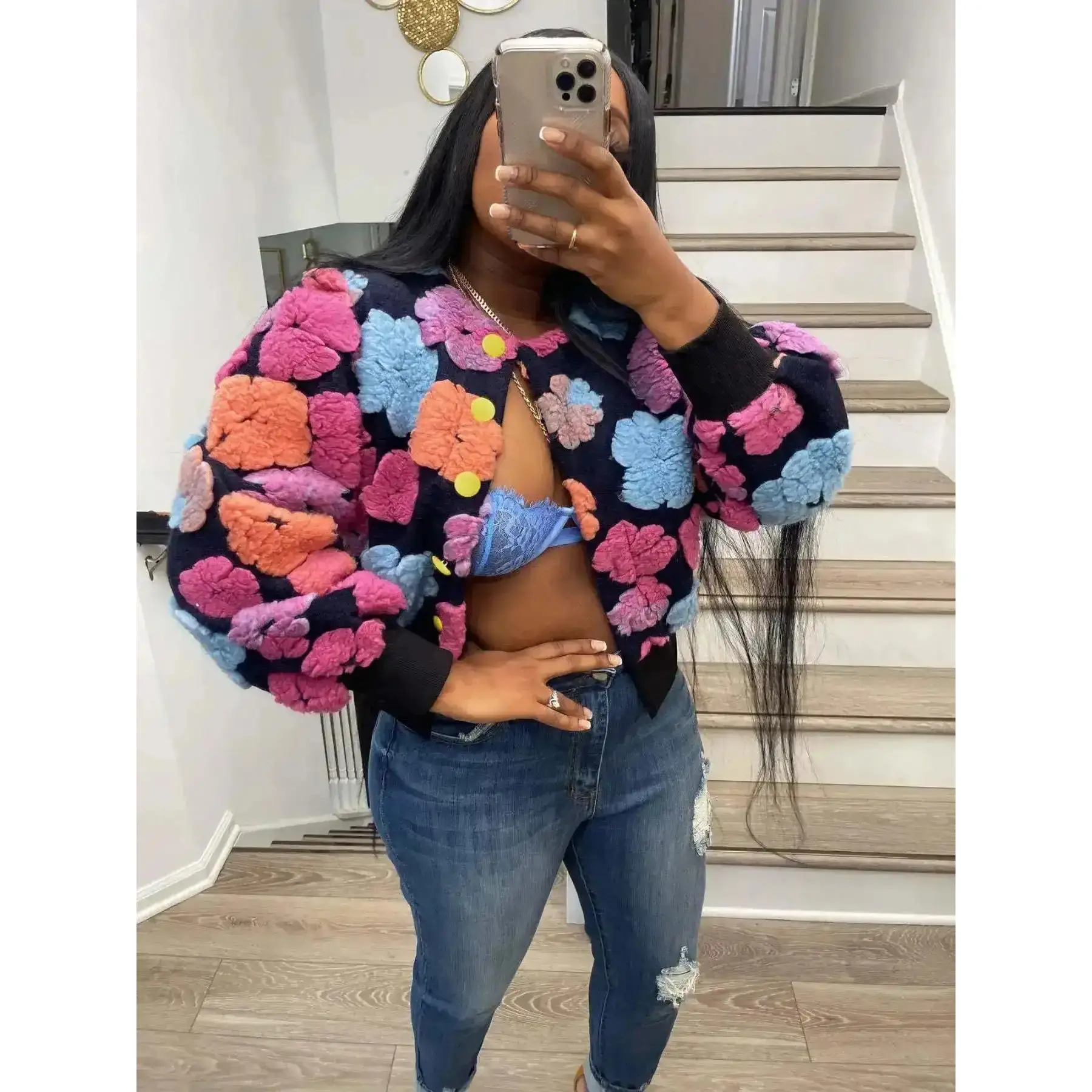 Women Floral Jacquard Button Front Jacket 2026 Casual Long Sleeve Round Neck Outerwear Daily Ladies All Seasons